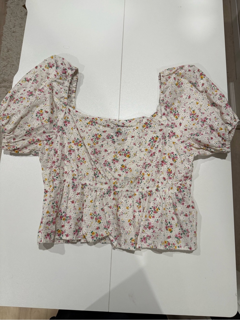 wild fable White Floral Square-Neck Puff Sleeve Eyelet Peplum Top